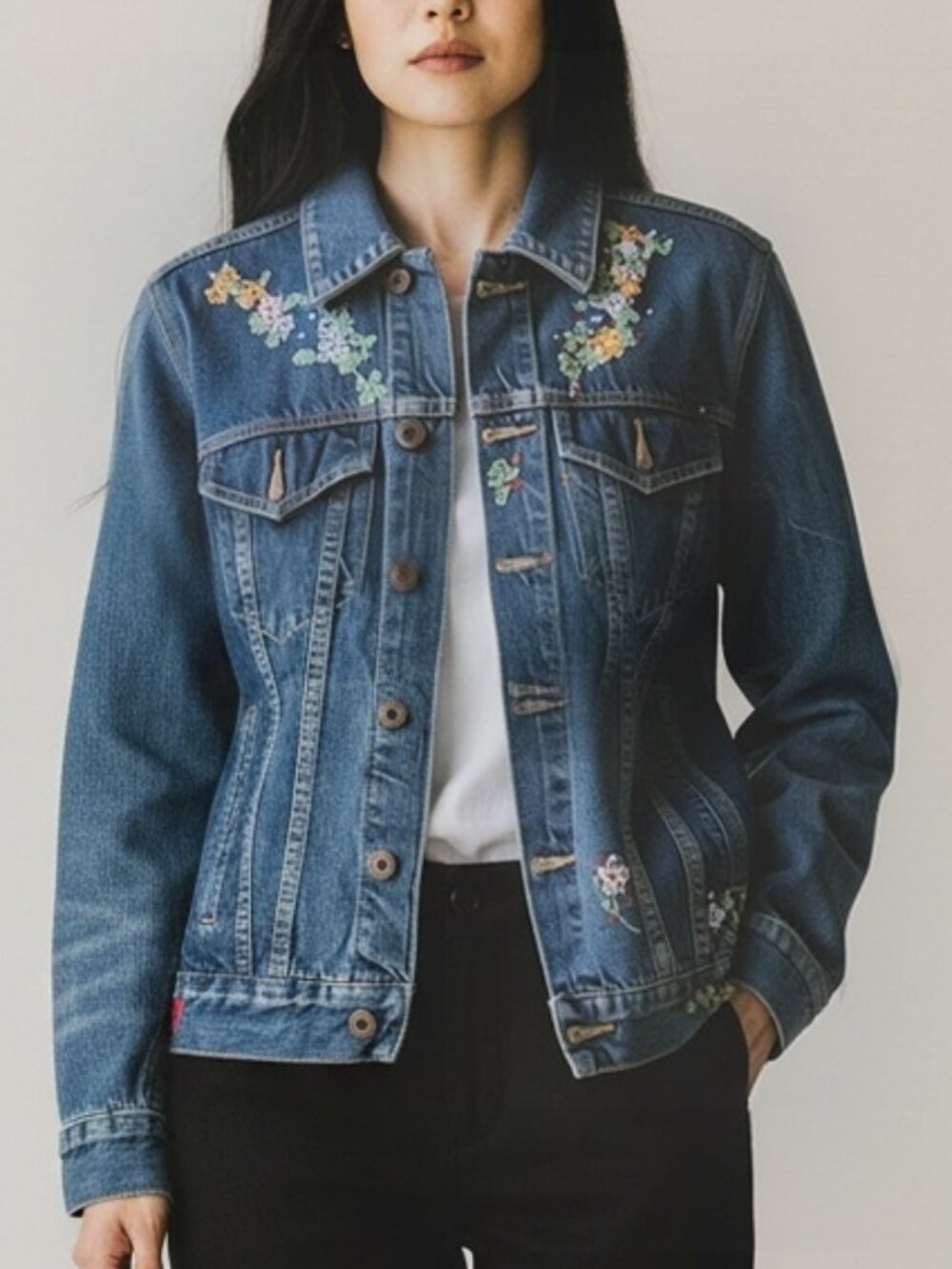 Lucky Brand Embroidered Floral Blue Denim Trucker Jacket S